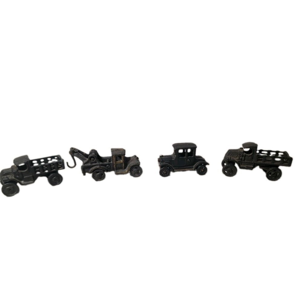 Vintage Cast Iron Toy Cars Trucks Lot 4 Wrecker Tow Coupe Dump Stake Bed Antique